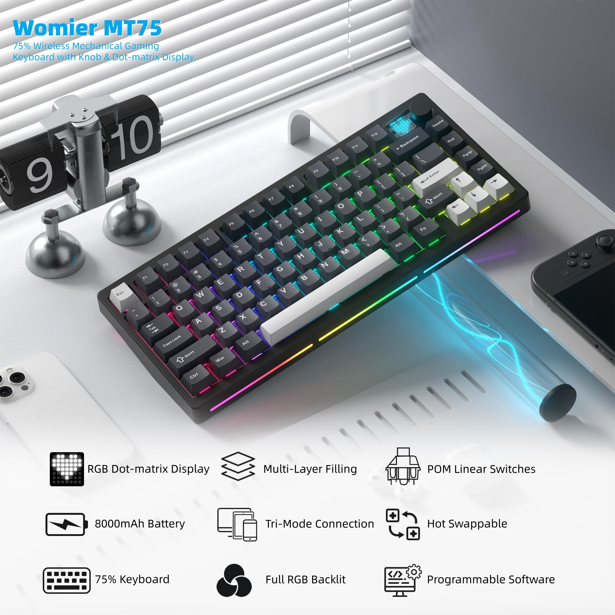 Womier MT75 Wireless Mechanica - مراجعة Gaming Keyboard Thocky وسعره